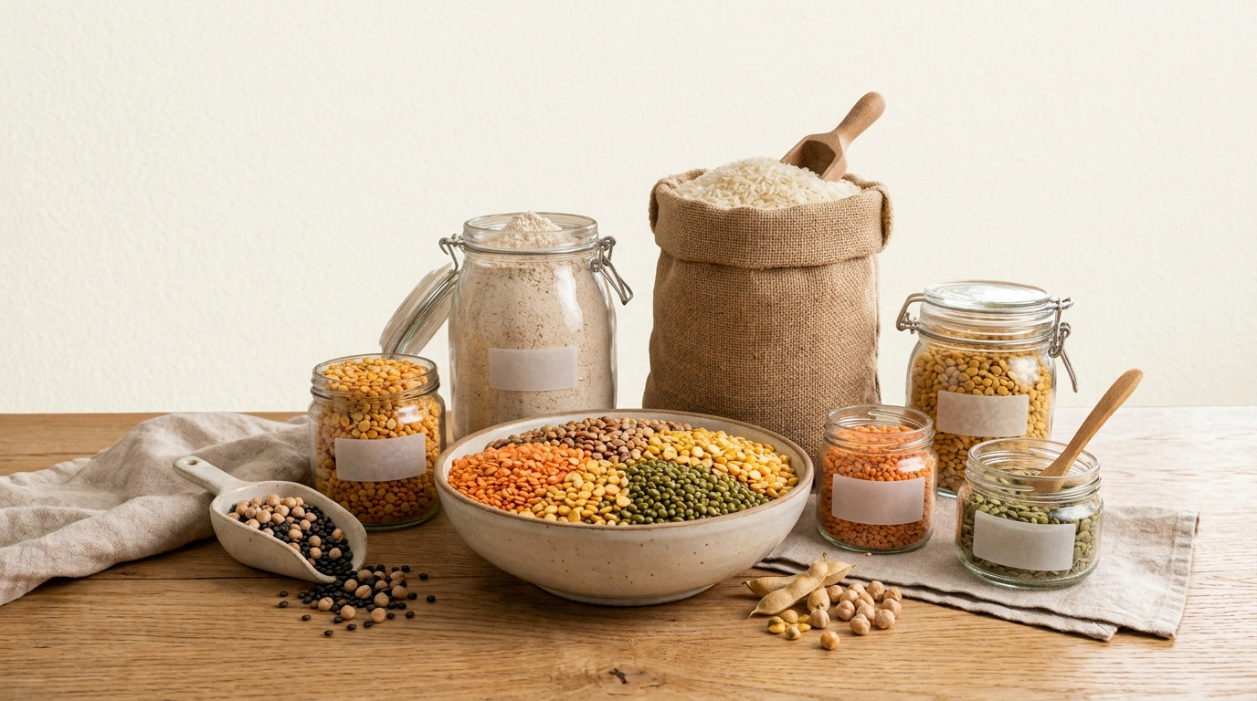 Jars of lentils, flour and rice on a wooden table